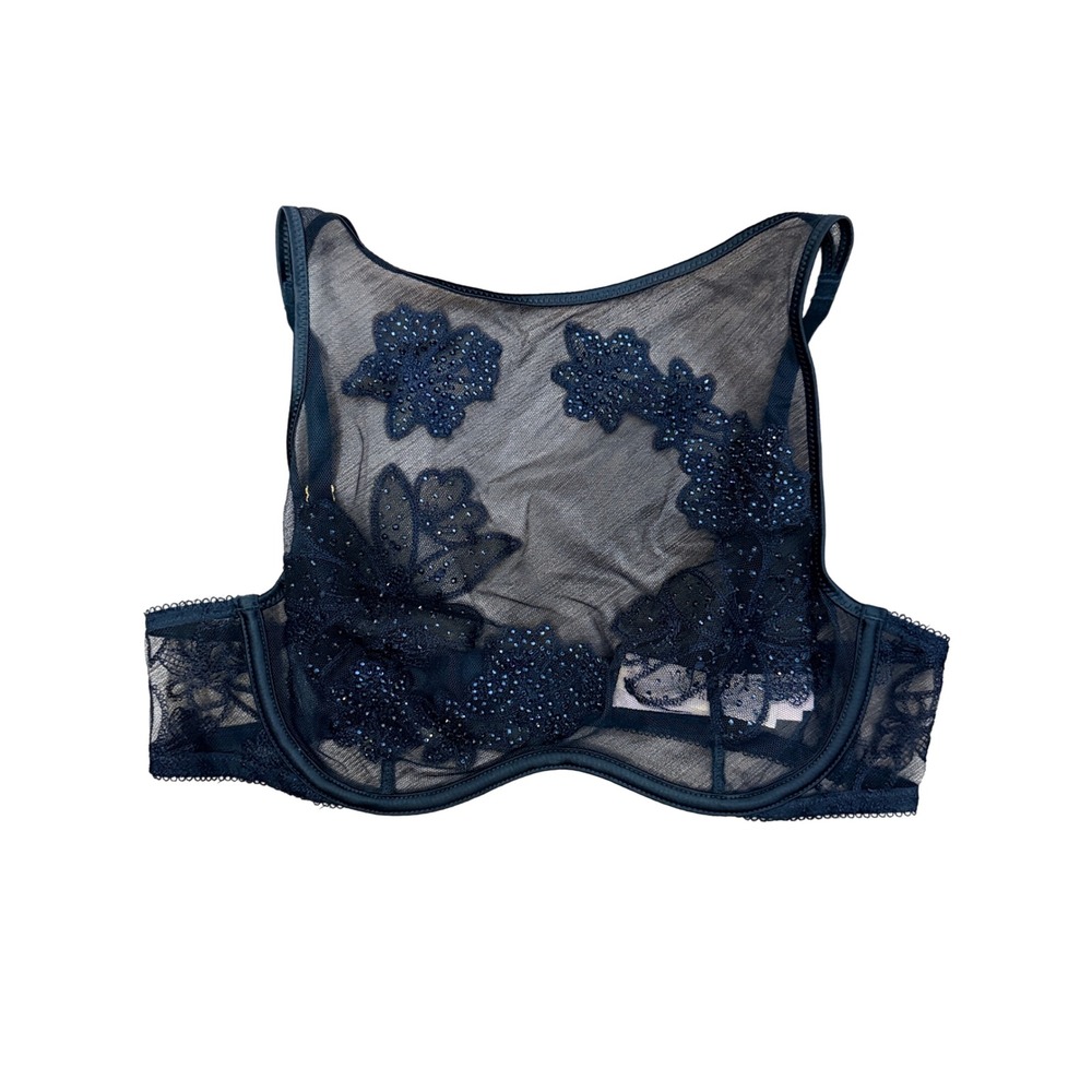Victoria's Secret Navy Blue Embroidered Mesh Underwire Bra Rhinestone Floral NEW